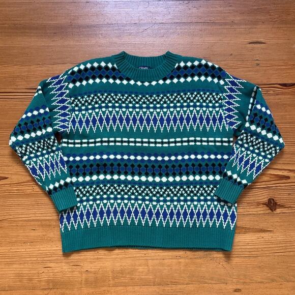 Chaps Fair Isle green blue knit pullover crew womens sweater SIZE 1X - Picture 1 of 5